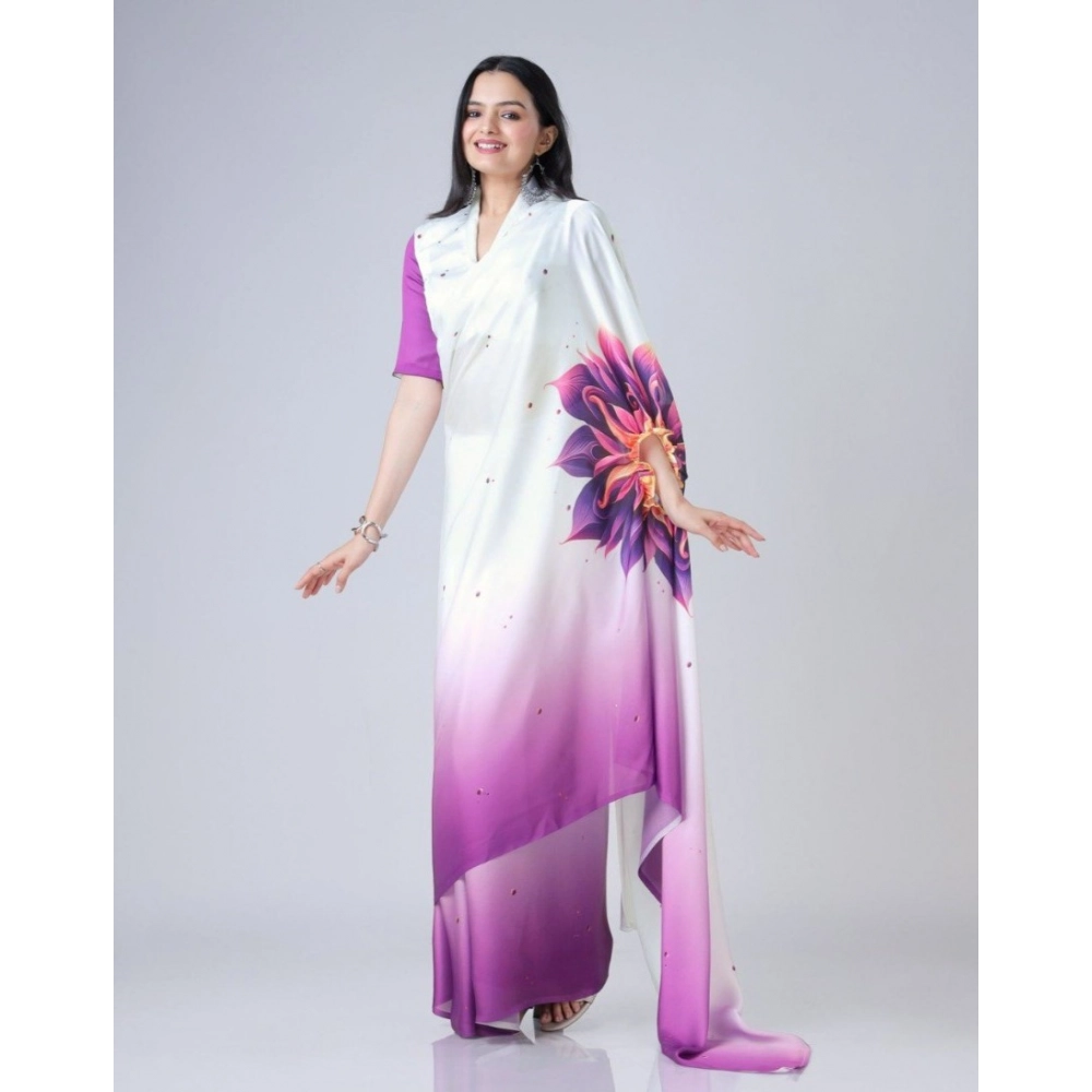 Generic Women's Soft Crepe Silk Printed Ready To Wear Saree With Unstitched Blouse 5.5Mtr (Purple) - Image 4