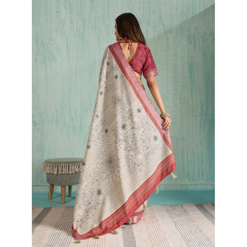 Generic Women's Silk Blend Printed Saree With Unstitched Blouse 5.5Mtr (Beige) - Image 4