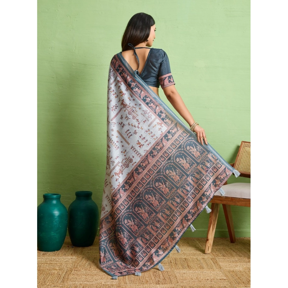 Generic Women's Silk Blend Printed Saree With Unstitched Blouse 5.5Mtr (Grey) - Image 4