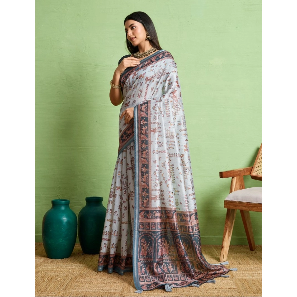 Generic Women's Silk Blend Printed Saree With Unstitched Blouse 5.5Mtr (Grey) - Image 3