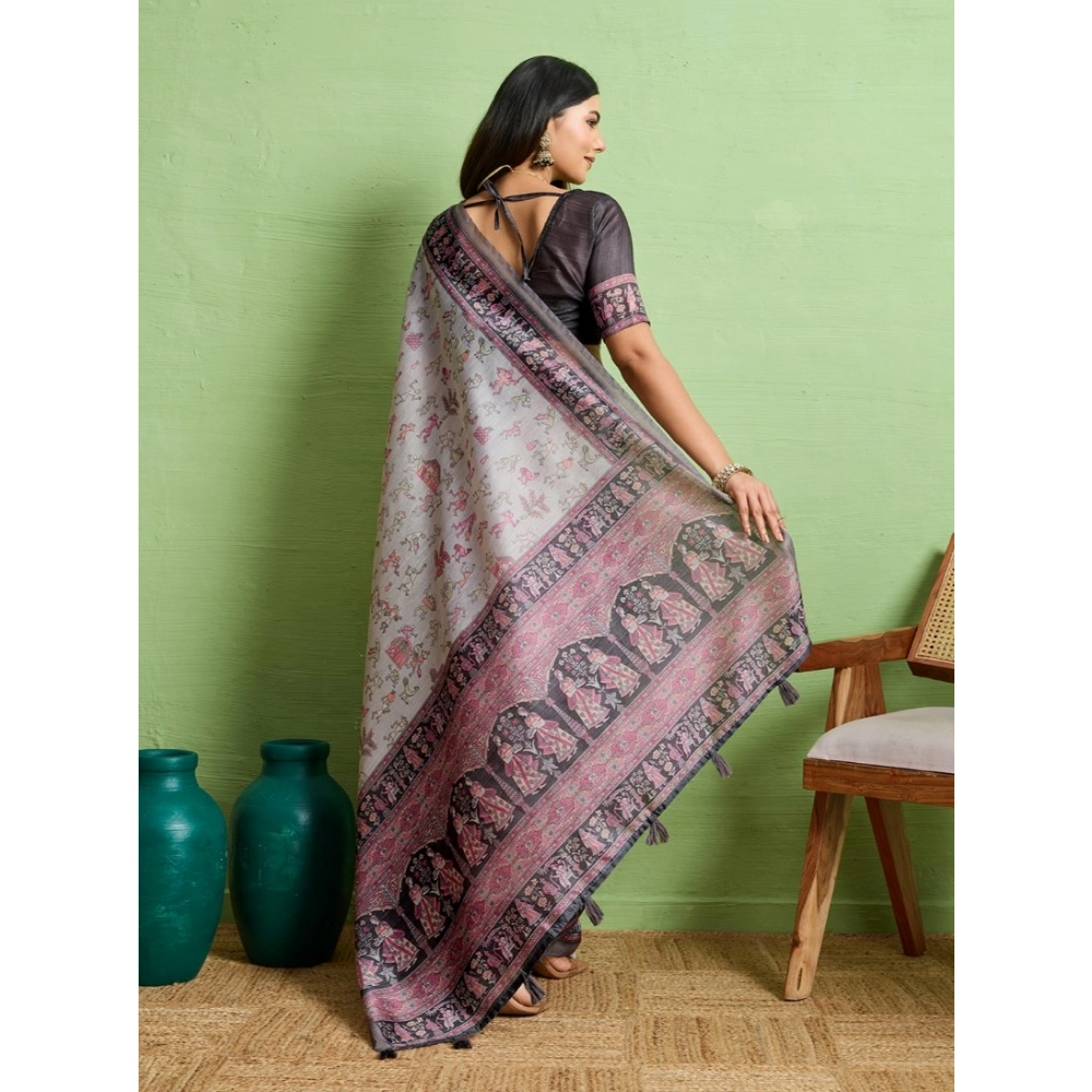 Generic Women's Silk Blend Printed Saree With Unstitched Blouse 5.5Mtr (Grey) - Image 4