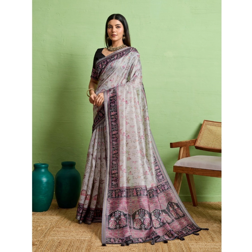 Generic Women's Silk Blend Printed Saree With Unstitched Blouse 5.5Mtr (Grey) - Image 3
