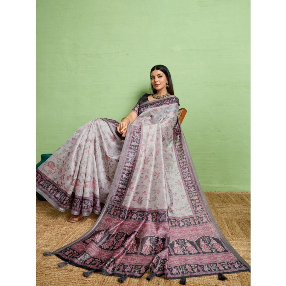 Generic Women's Silk Blend Printed Saree With Unstitched Blouse 5.5Mtr (Grey) - Image 2