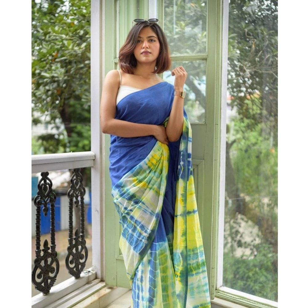 Generic Women's Linen Printed Saree With Unstitched Blouse 5.5Mtr (Blue)