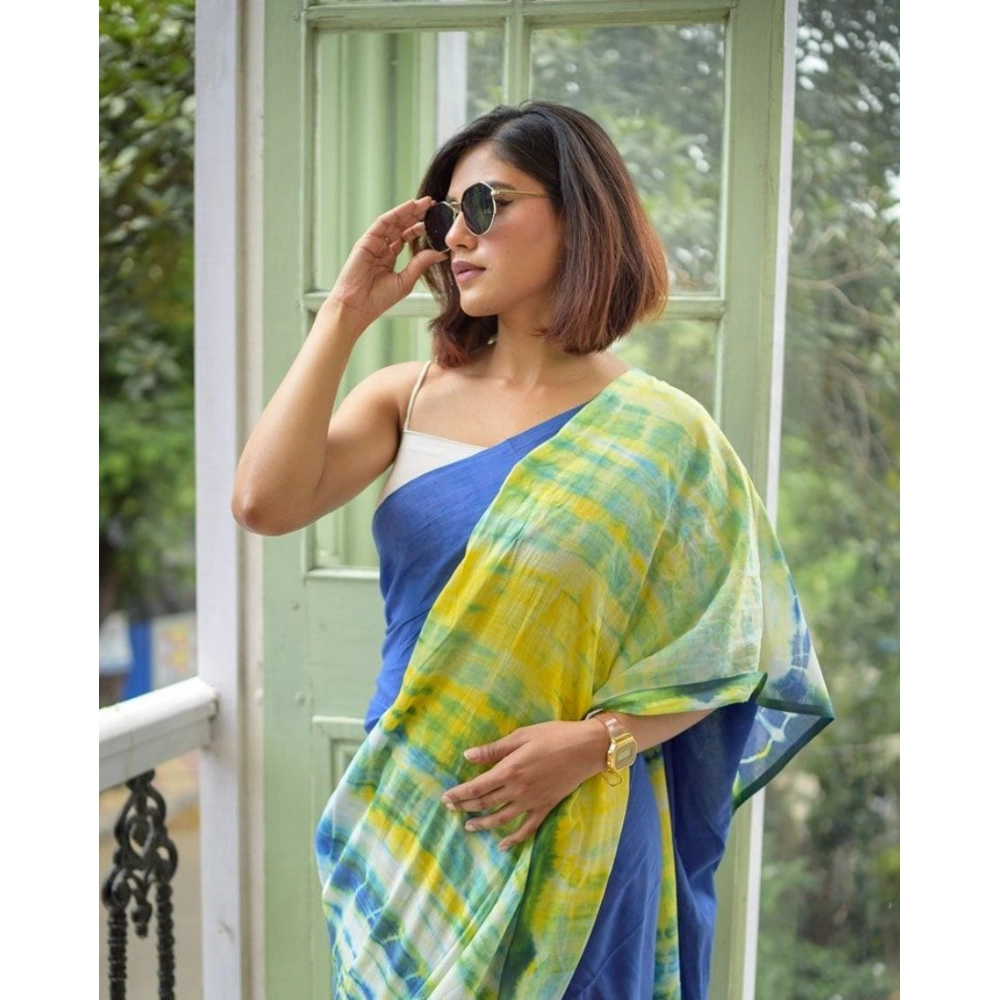 Generic Women's Linen Printed Saree With Unstitched Blouse 5.5Mtr (Blue) - Image 4