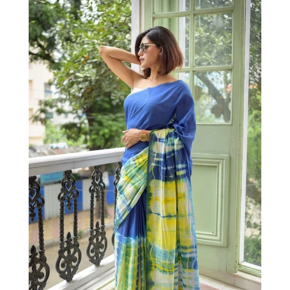 Generic Women's Linen Printed Saree With Unstitched Blouse 5.5Mtr (Blue) - Image 3