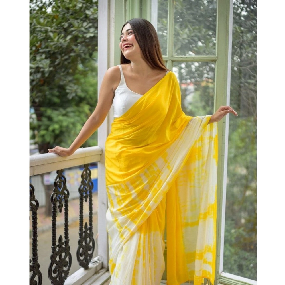 Generic Women's Linen Printed Saree With Unstitched Blouse 5.5Mtr (Yellow) - Image 4