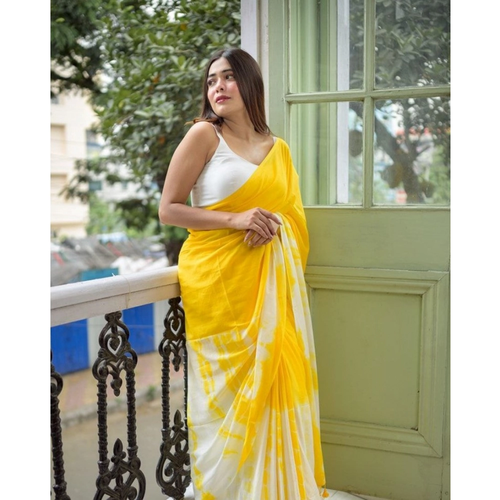 Generic Women's Linen Printed Saree With Unstitched Blouse 5.5Mtr (Yellow) - Image 3
