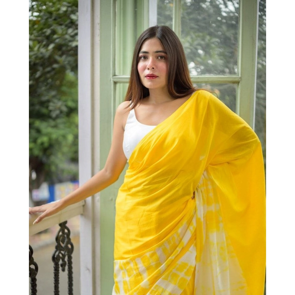 Generic Women's Linen Printed Saree With Unstitched Blouse 5.5Mtr (Yellow) - Image 2