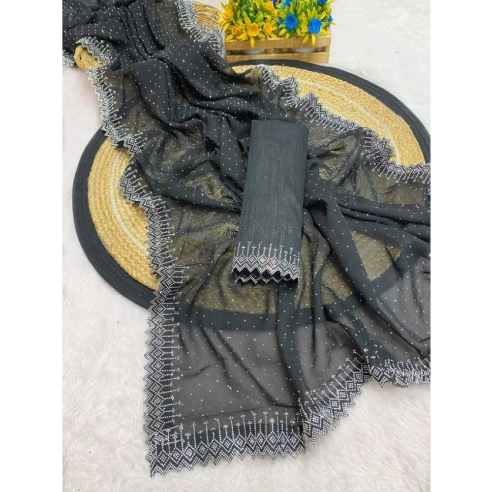 Generic Women's Georgette Stone Work Saree With Unstitched Blouse 5.5Mtr (Black) - Image 2