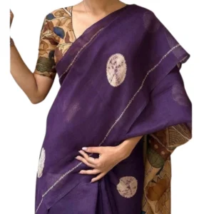 Generic Women's Linen Printed Saree With Unstitched Blouse 5.5Mtr (Purple)