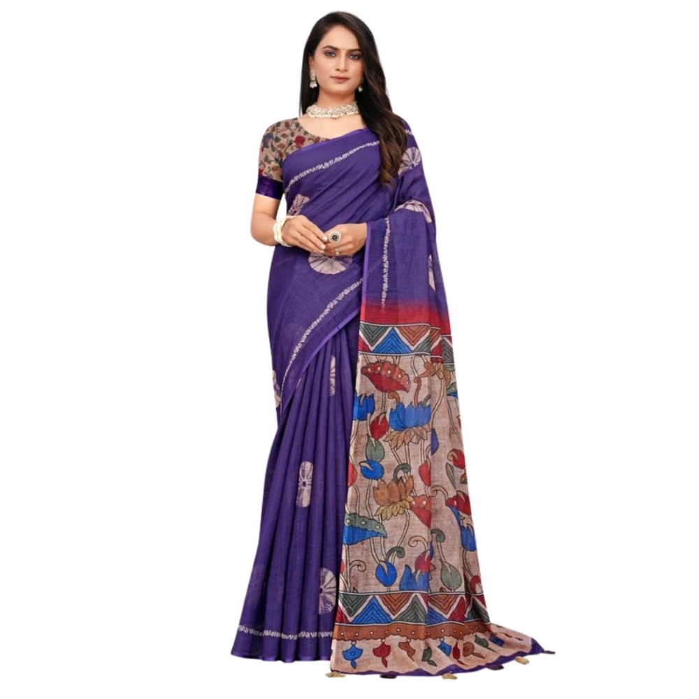 Generic Women's Linen Printed Saree With Unstitched Blouse 5.5Mtr (Purple) - Image 2