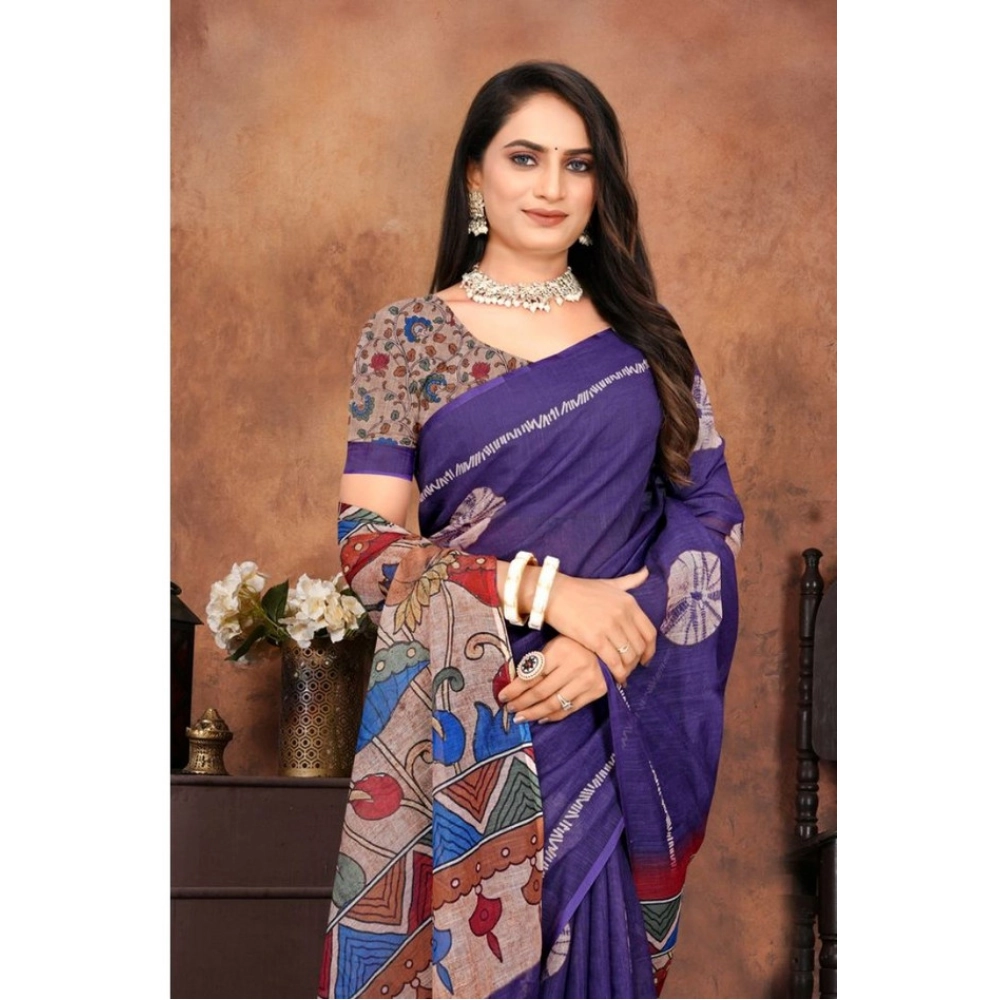 Generic Women's Linen Printed Saree With Unstitched Blouse 5.5Mtr (Purple) - Image 3