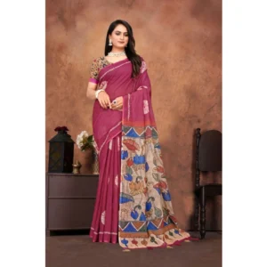 Generic Women's Linen Printed Saree With Unstitched Blouse 5.5Mtr (Purple)