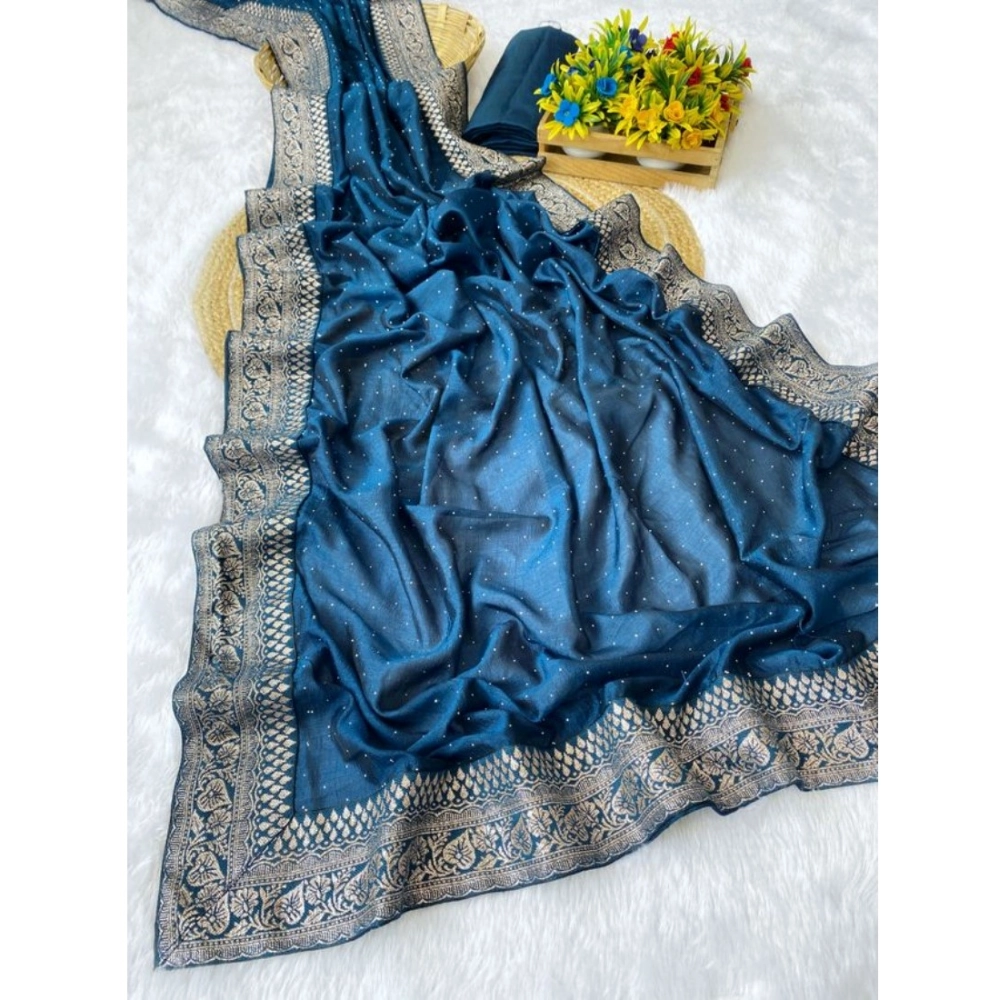 Generic Women's Silk Embroidred Saree With Unstitched Blouse 5.5Mtr (Light Green)