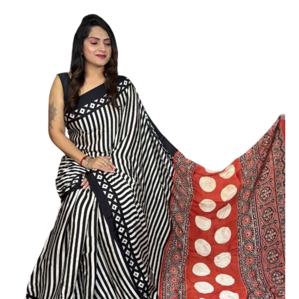 Generic Women's Satin Printed Saree With Unstitched Blouse 5.5Mtr (Black) - Image 2