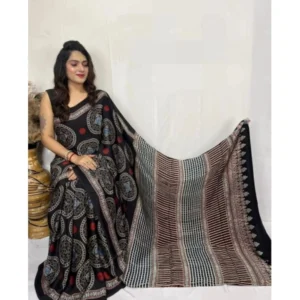 Generic Women's Satin Printed Saree With Unstitched Blouse 5.5Mtr (Black)