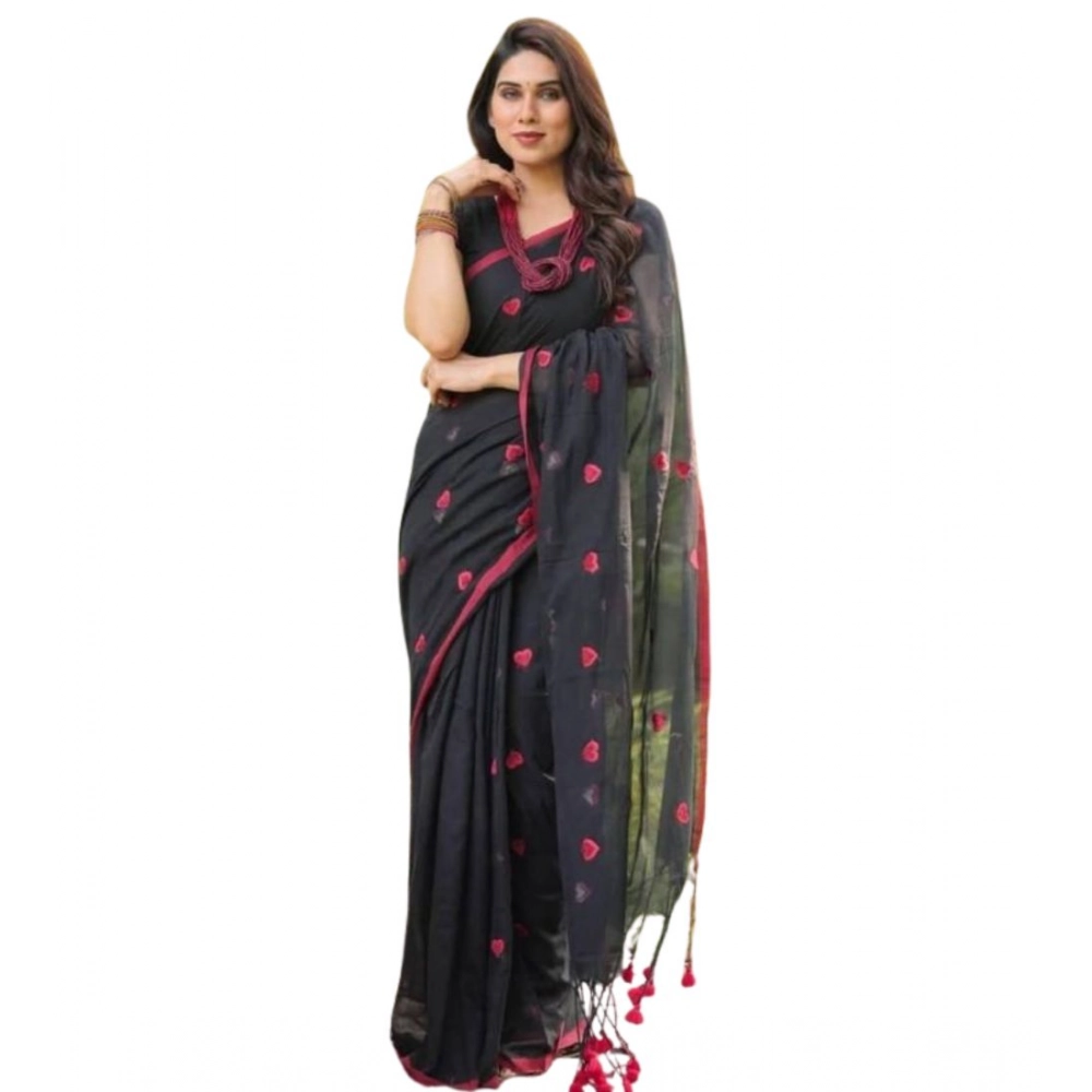 Generic Women's Linen Printed Saree With Unstitched Blouse 5.5Mtr (Black) - Image 2