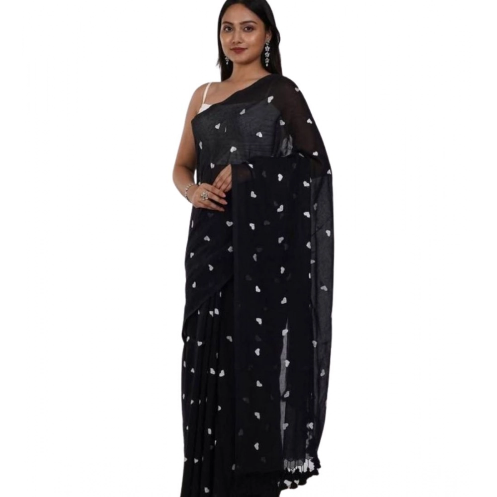 Generic Women's Linen Printed Saree With Unstitched Blouse 5.5Mtr (Black) - Image 2