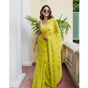 Generic Women's Linen Printed Saree With Unstitched Blouse 5.5Mtr (Light Green)