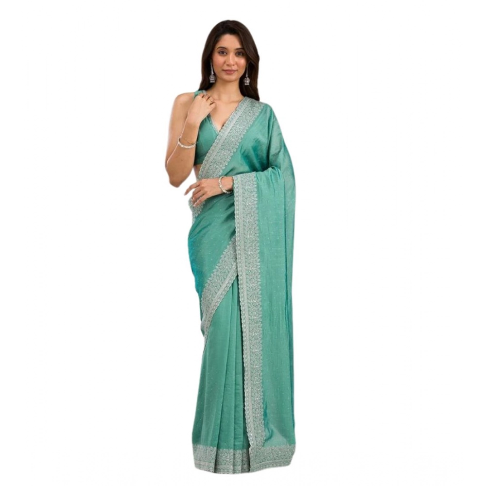 Generic Women's Silk Embroidred Saree With Unstitched Blouse 5.5Mtr (Light Green) - Image 2