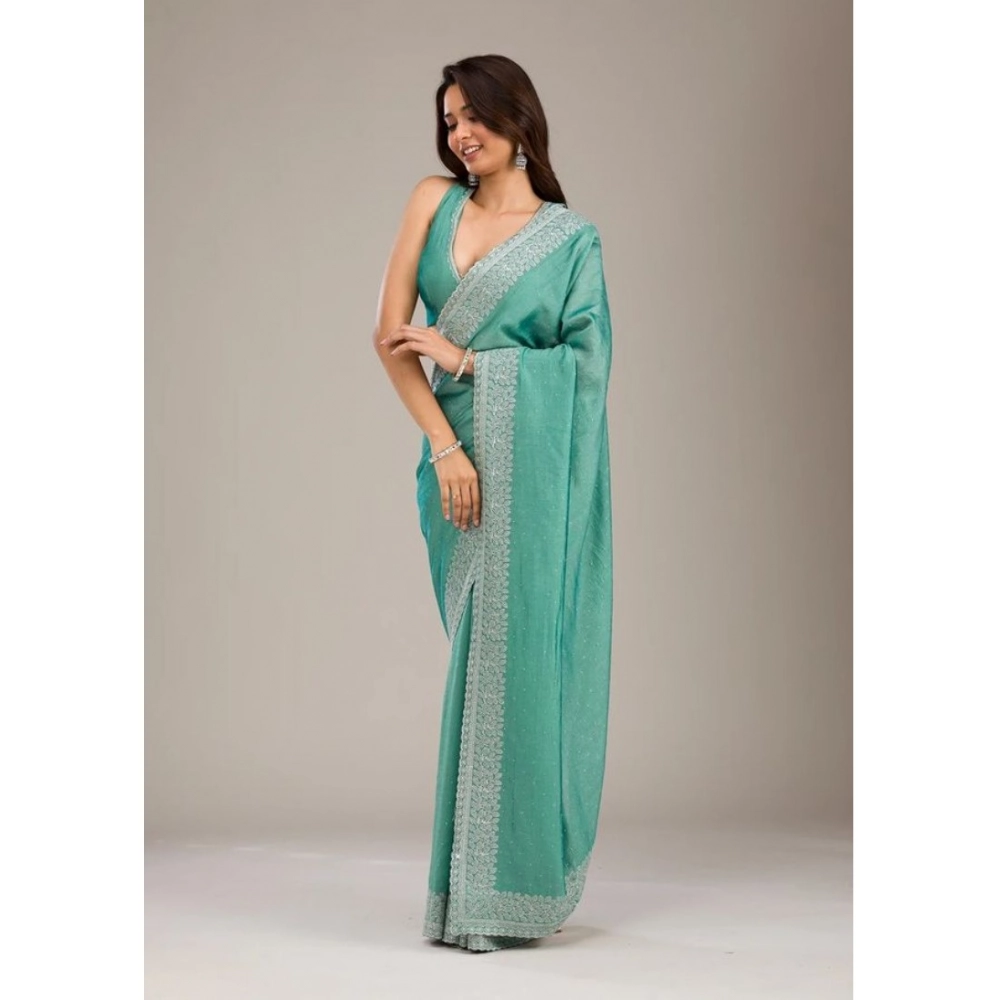 Generic Women's Silk Embroidred Saree With Unstitched Blouse 5.5Mtr (Light Green) - Image 5