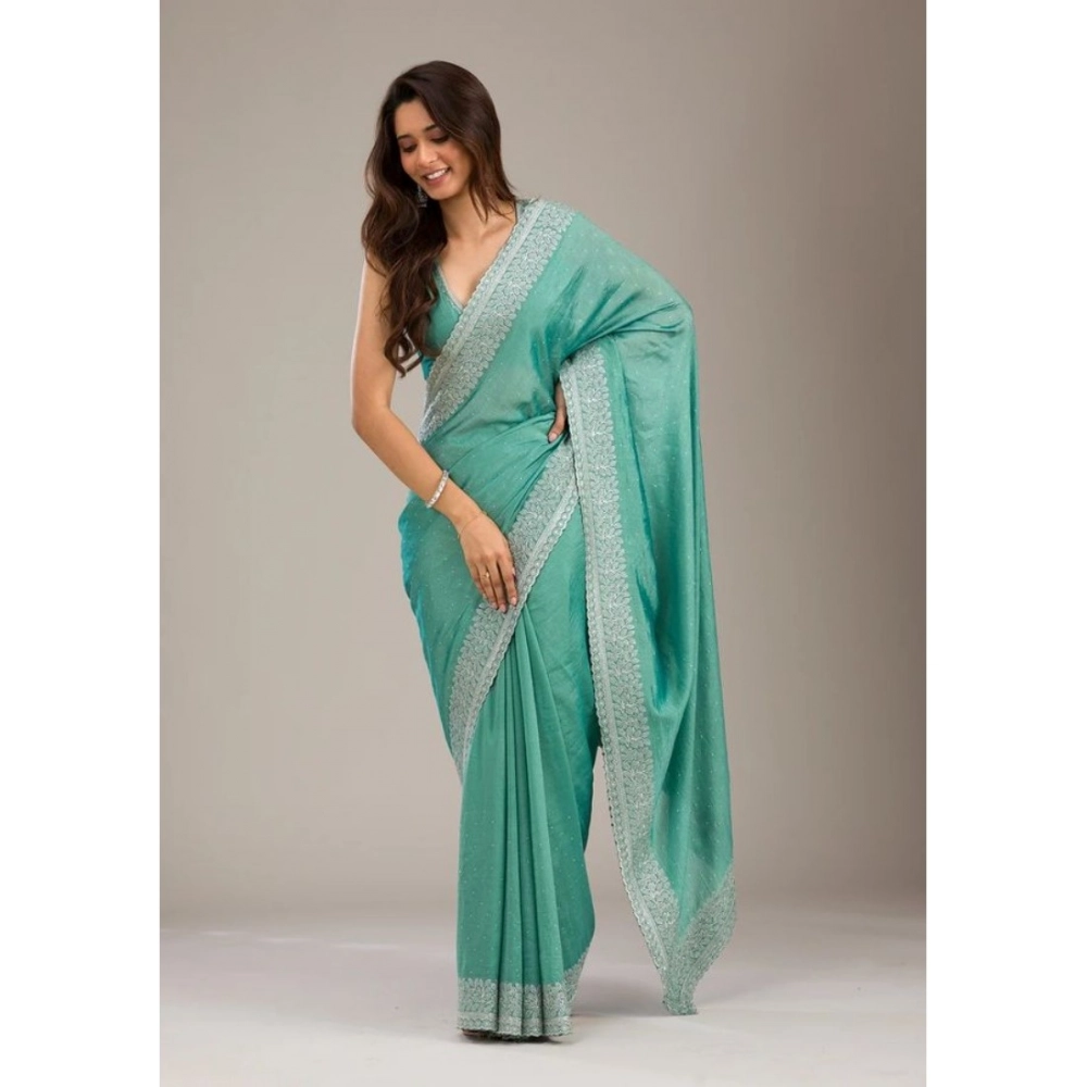 Generic Women's Silk Embroidred Saree With Unstitched Blouse 5.5Mtr (Light Green) - Image 4