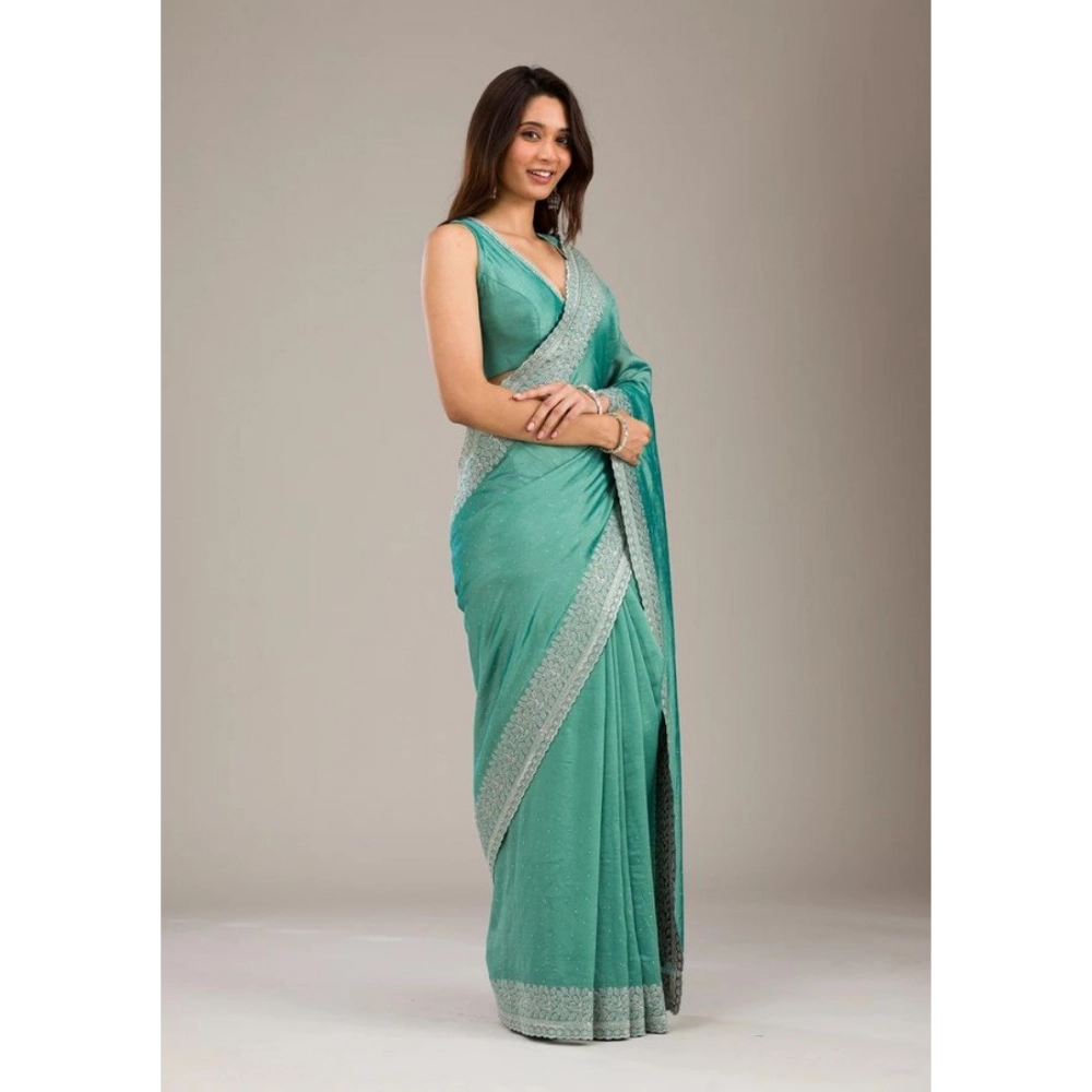 Generic Women's Silk Embroidred Saree With Unstitched Blouse 5.5Mtr (Light Green) - Image 3