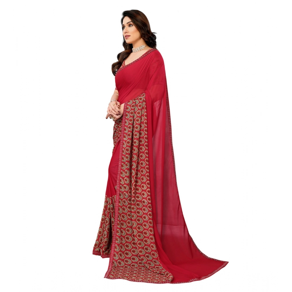 Generic Women's Georgette Printed Saree With Unstitched Blouse 5.5Mtr (Red) - Image 4