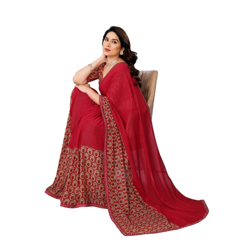 Generic Women's Georgette Printed Saree With Unstitched Blouse 5.5Mtr (Red) - Image 2