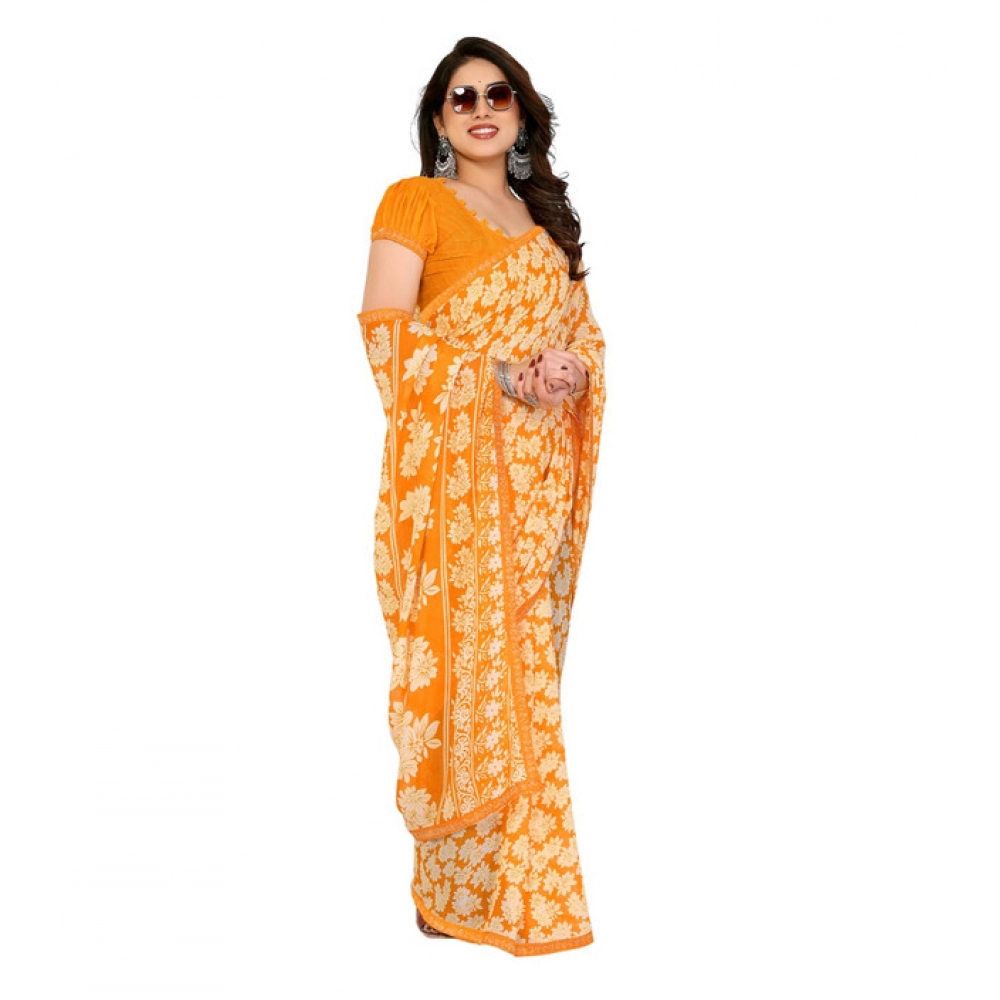 Generic Women's Georgette Printed Saree With Unstitched Blouse 5.5Mtr (Yellow) - Image 2