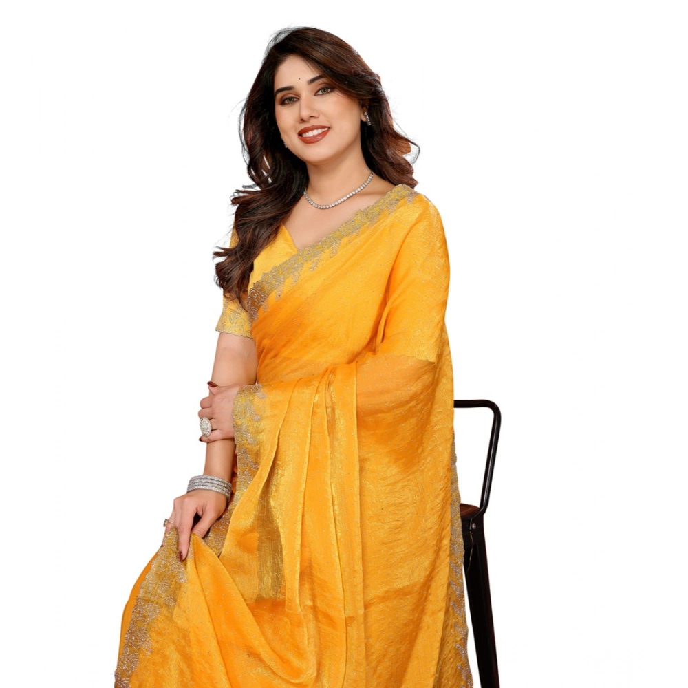 Generic Women's Georgette Printed Saree With Unstitched Blouse 5.5Mtr (Yellow) - Image 2