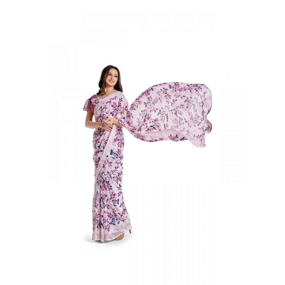 Generic Women's Georgette Printed Saree With Unstitched Blouse 5.5Mtr (Pink) - Image 3