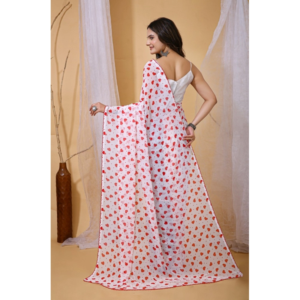 Generic Women's Georgette Printed Saree With Unstitched Blouse 5.5Mtr (White-Red) - Image 4