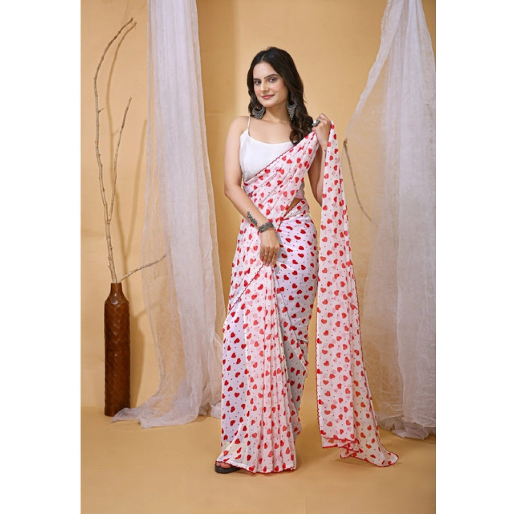 Generic Women's Georgette Printed Saree With Unstitched Blouse 5.5Mtr (White-Red) - Image 3