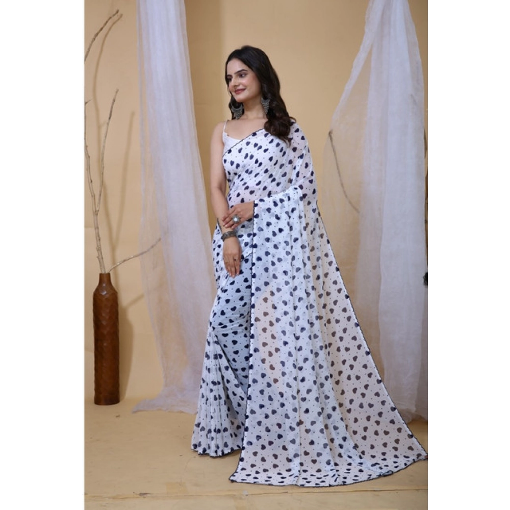 Generic Women's Georgette Printed Saree With Unstitched Blouse 5.5Mtr (White-Blue) - Image 4