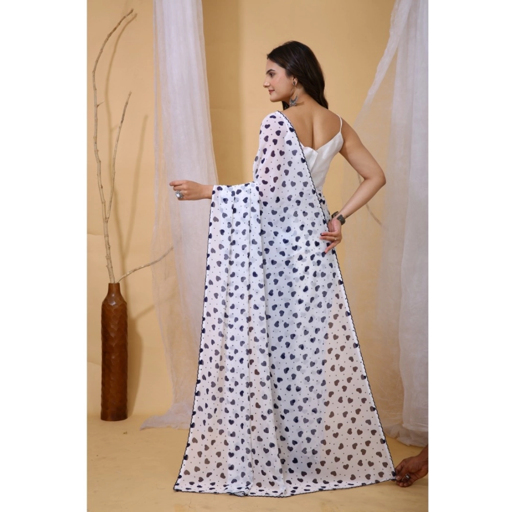 Generic Women's Georgette Printed Saree With Unstitched Blouse 5.5Mtr (White-Blue) - Image 3