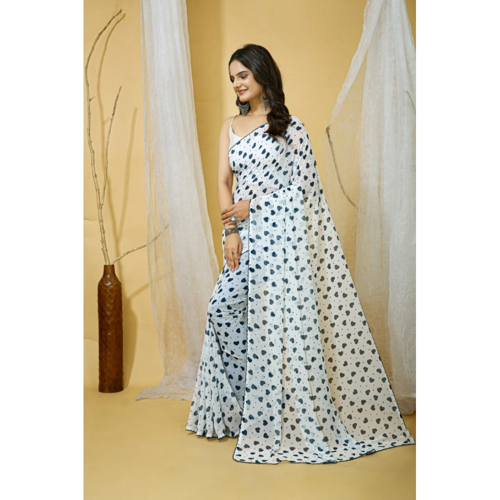Generic Women's Georgette Printed Saree With Unstitched Blouse 5.5Mtr (White) - Image 2