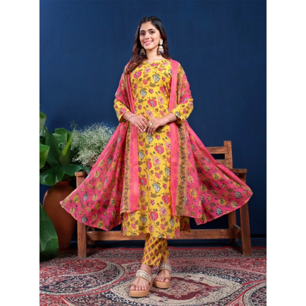 Generic Women's Cotton Blend Printed Kurti With Pant Dupatta Set (Yellow) - Image 2