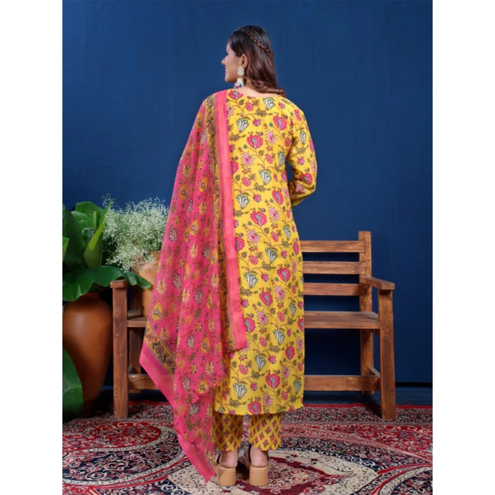 Generic Women's Cotton Blend Printed Kurti With Pant Dupatta Set (Yellow) - Image 4