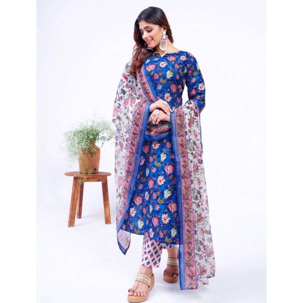 Generic Women's Cotton Blend Printed Kurti With Pant Dupatta Set (Blue) - Image 5