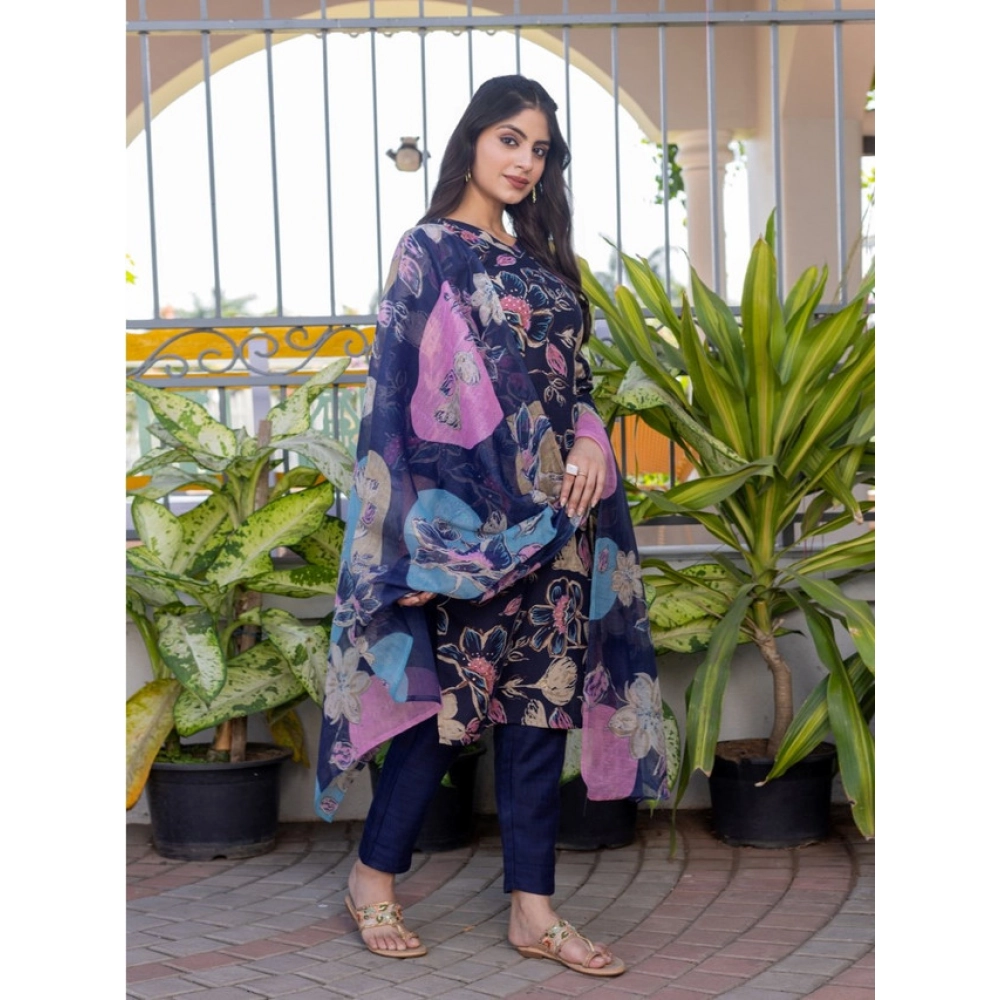 Generic Women's Cotton Blend Printed Kurti With Pant Dupatta Set (NavyBlue) - Image 4