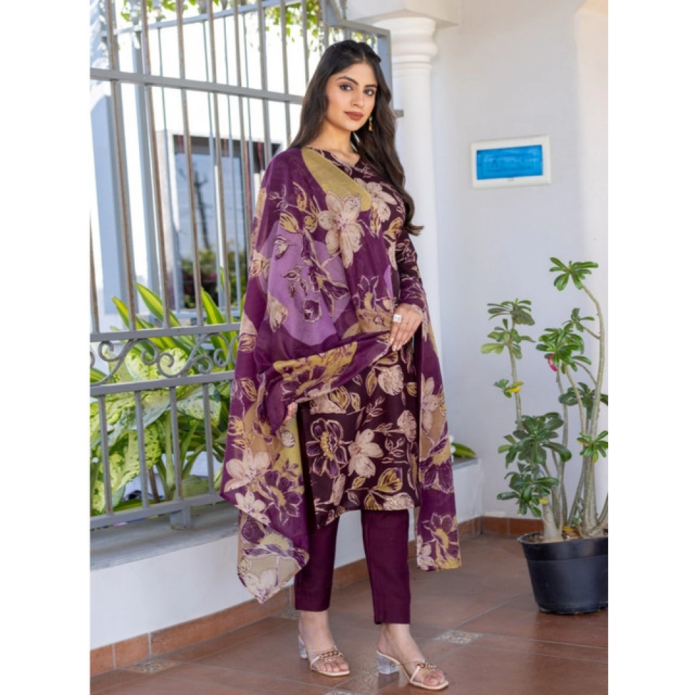 Generic Women's Cotton Blend Printed Kurti With Pant Dupatta Set (Purple) - Image 5