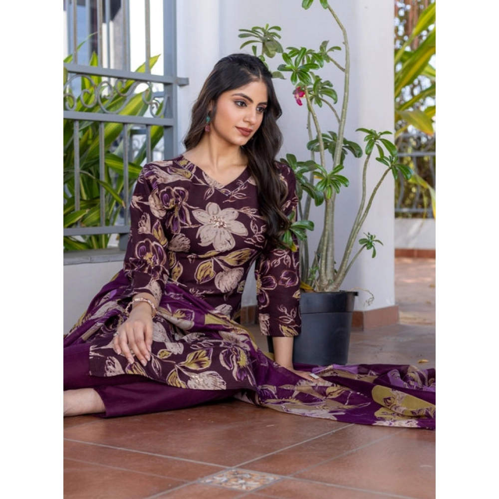 Generic Women's Cotton Blend Printed Kurti With Pant Dupatta Set (Purple) - Image 4