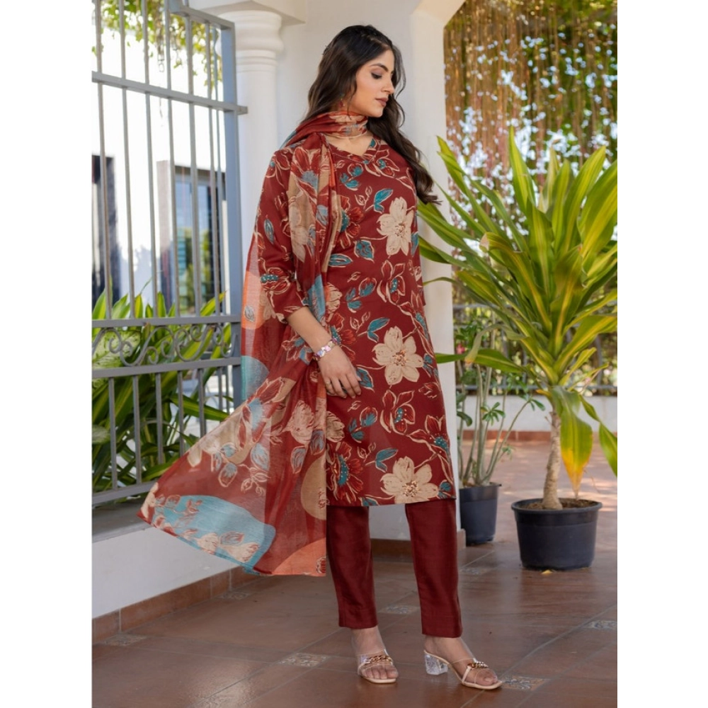 Generic Women's Cotton Blend Printed Kurti With Pant Dupatta Set (Rust) - Image 5