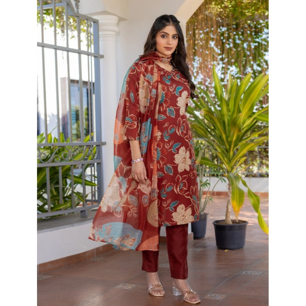 Generic Women's Cotton Blend Printed Kurti With Pant Dupatta Set (Rust) - Image 3