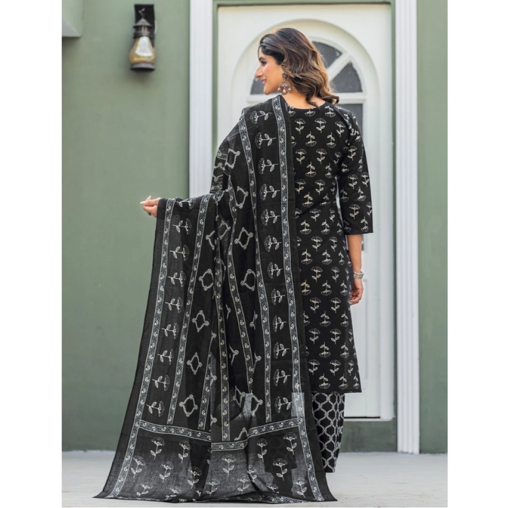 Generic Women's Cotton Blend Printed Kurti With Pant Dupatta Set (Black) - Image 4
