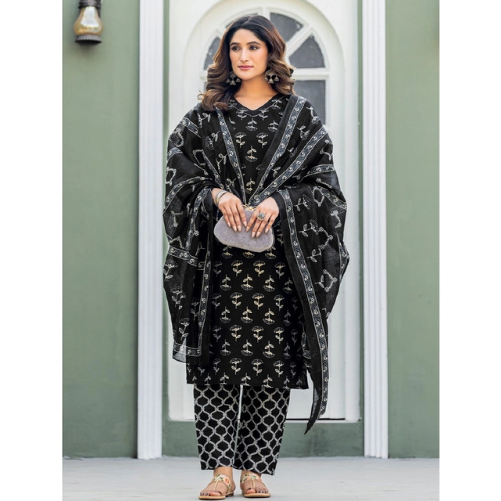 Generic Women's Cotton Blend Printed Kurti With Pant Dupatta Set (Black) - Image 5