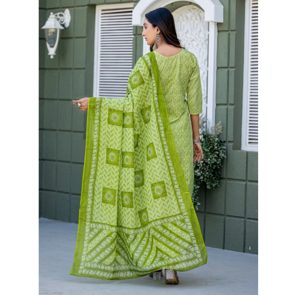 Generic Women's Cotton Blend Printed Kurti With Pant Dupatta Set (Parrot) - Image 2