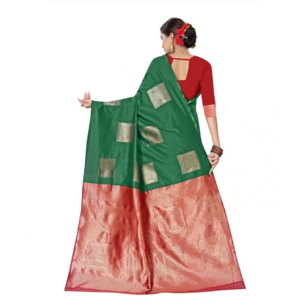 Generic Women's Soft Lichi Silk Printed Saree With Unstitched Blouse 5.5Mtr (Green) - Image 2